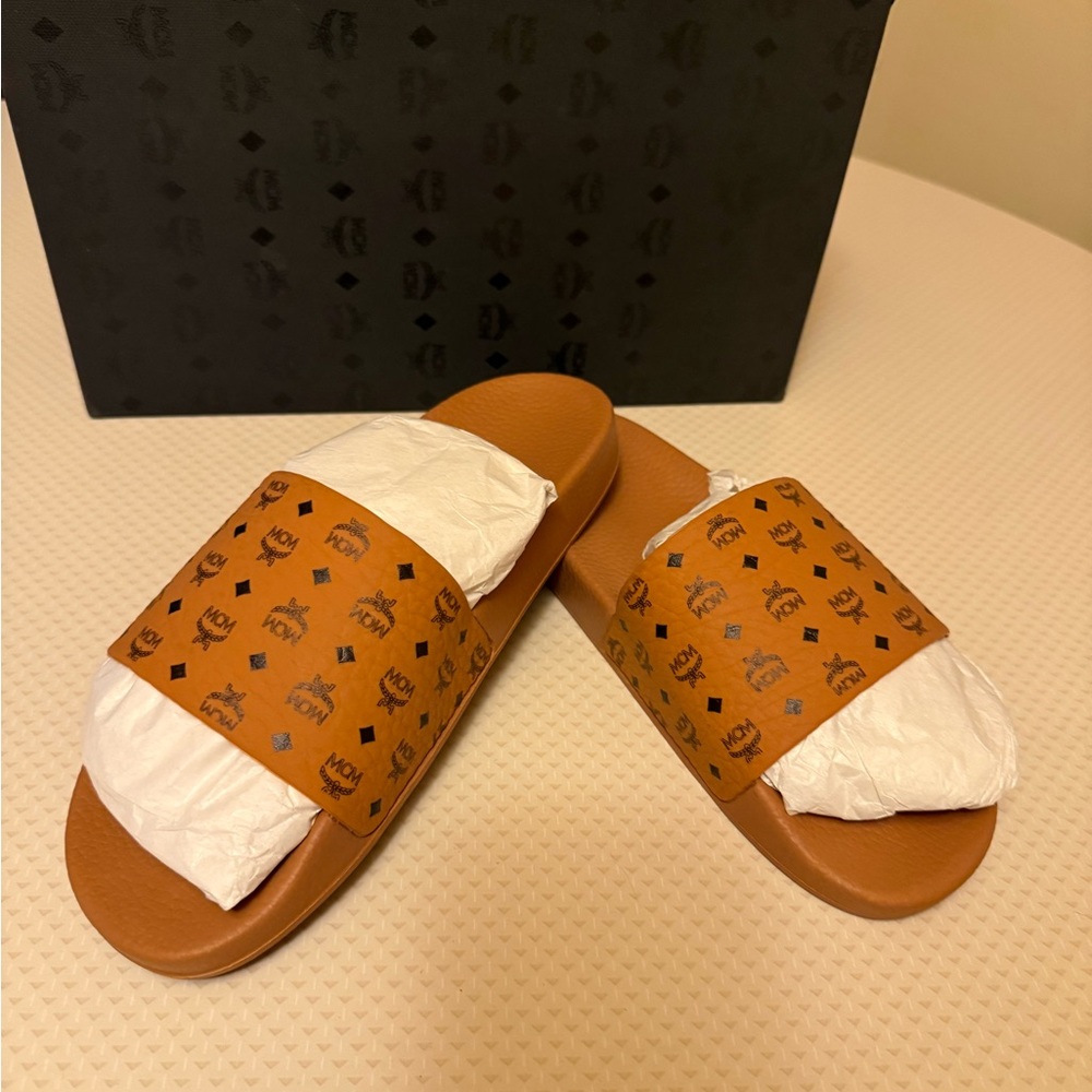 MCM Brand new Male Monogram Print Rubber Slides in Size 42 (U.S. Men Size 9)